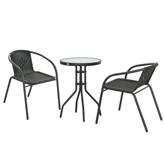 3-Piece Outdoor Wicker Set, 2 Stackable Chairs, Glass Table, Black Bistro Sets Black at Gallery Canada