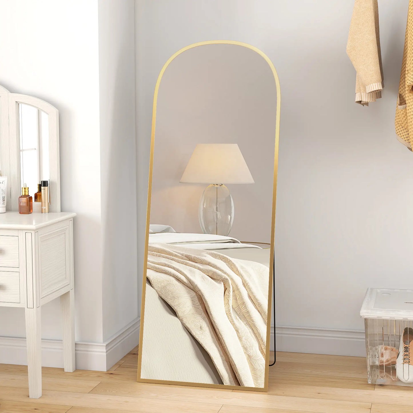 Arched Standing Mirror, 64" x 24", Full Length Mirror, Gold