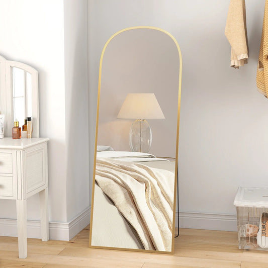 Arched Standing Mirror, 64" x 24", Full Length Mirror, Gold