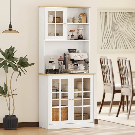 Kitchen Buffet with Hutch, 3 Cabinets, 2 Shelves, White Kitchen Pantry Cabinets White and Oak at Gallery Canada