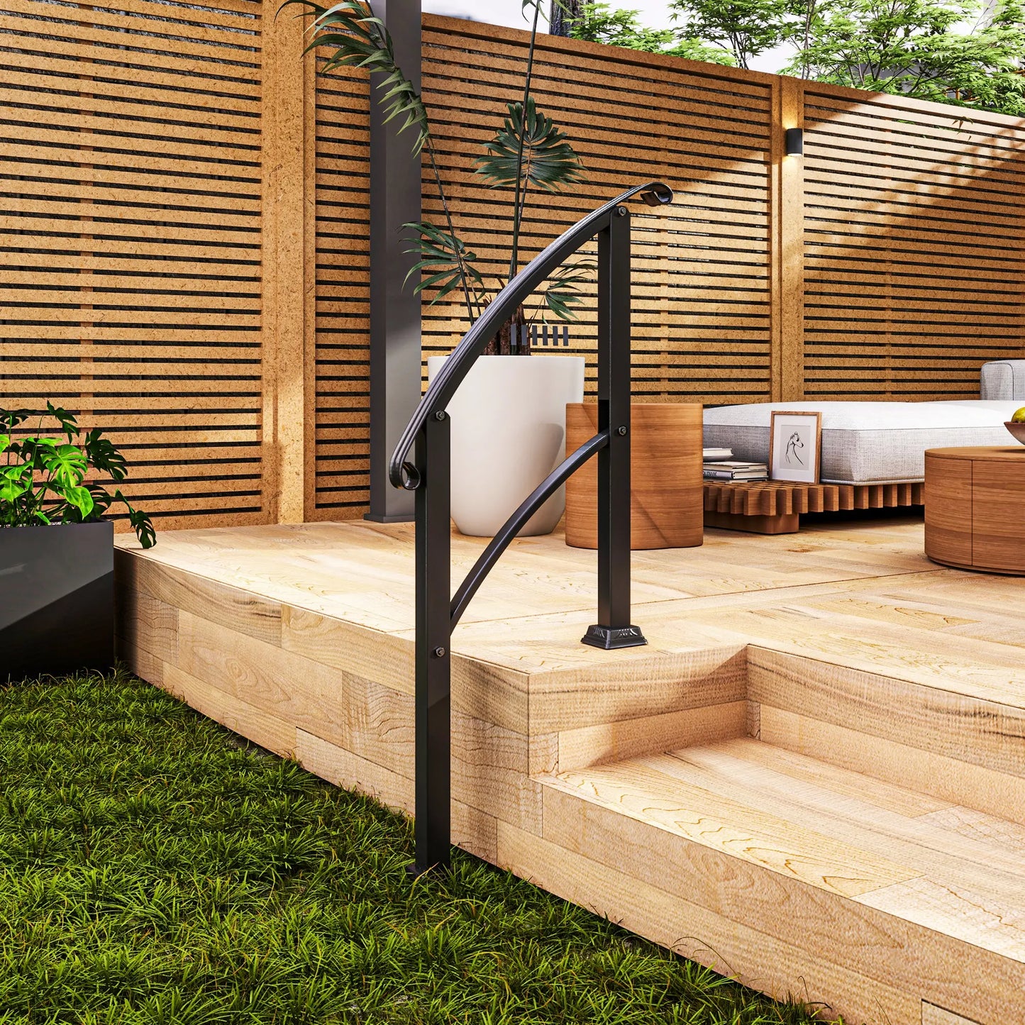 Outdoor Step Handrails, 1-3 Step, Metal Railing with Kit, Black Garden Decor at Gallery Canada