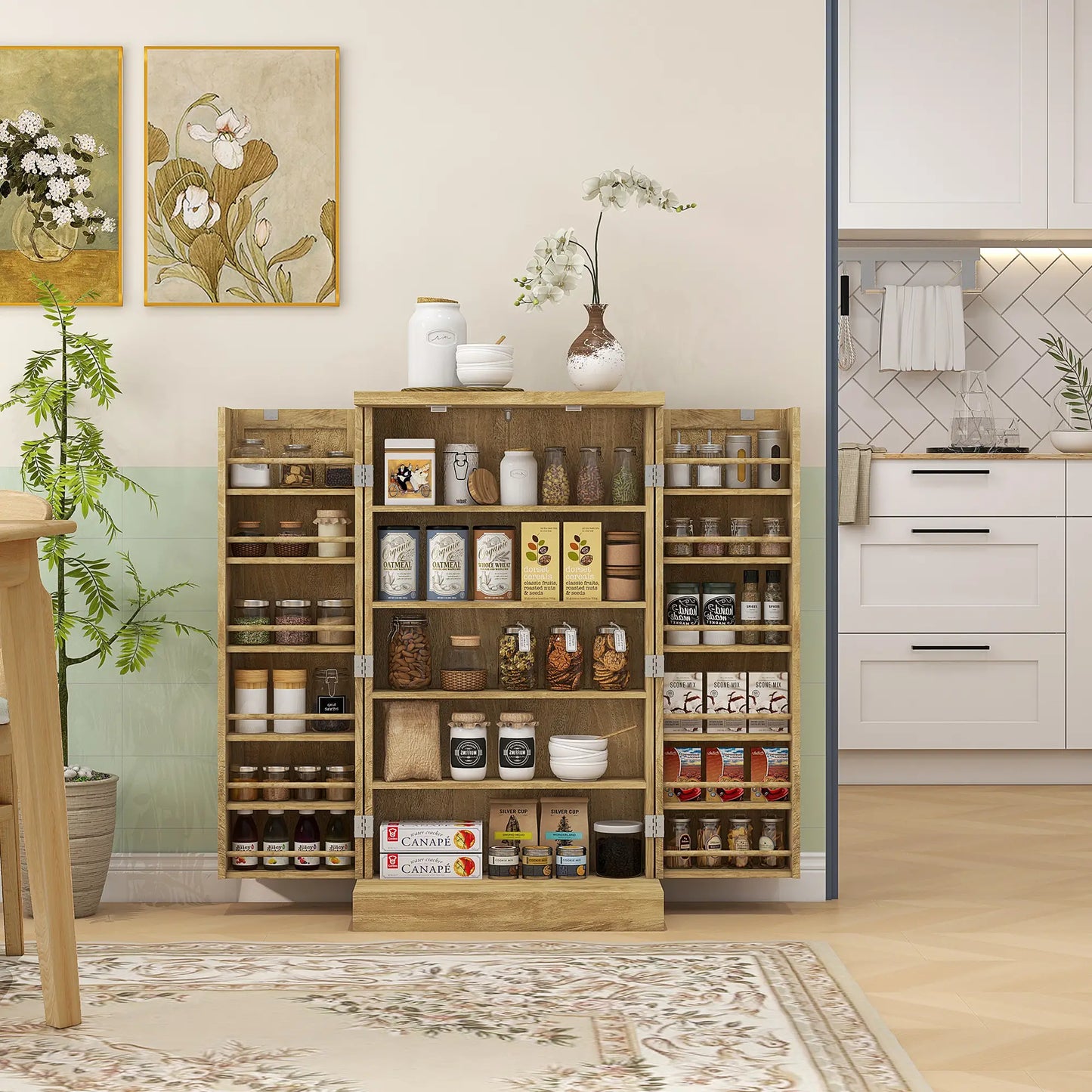 41" Rattan Kitchen Storage Cabinet, 5-Tier Shelf, 12 Spice Racks, Adjustable Shelves, Natural Kitchen Pantry Cabinets at Gallery Canada