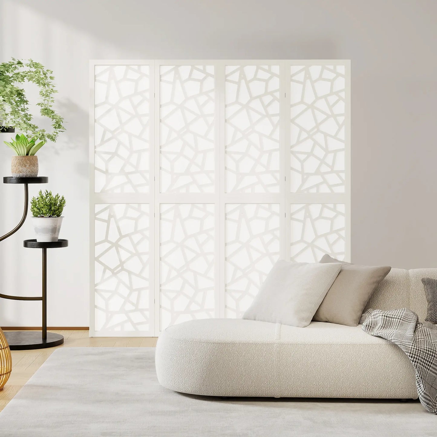 4 Panel Room Divider, 5.6 FT Geometric Pattern Privacy Screen, White