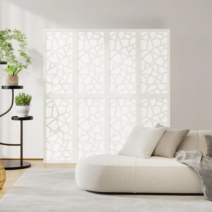 4 Panel Room Divider, 5.6 FT Geometric Pattern Privacy Screen, White