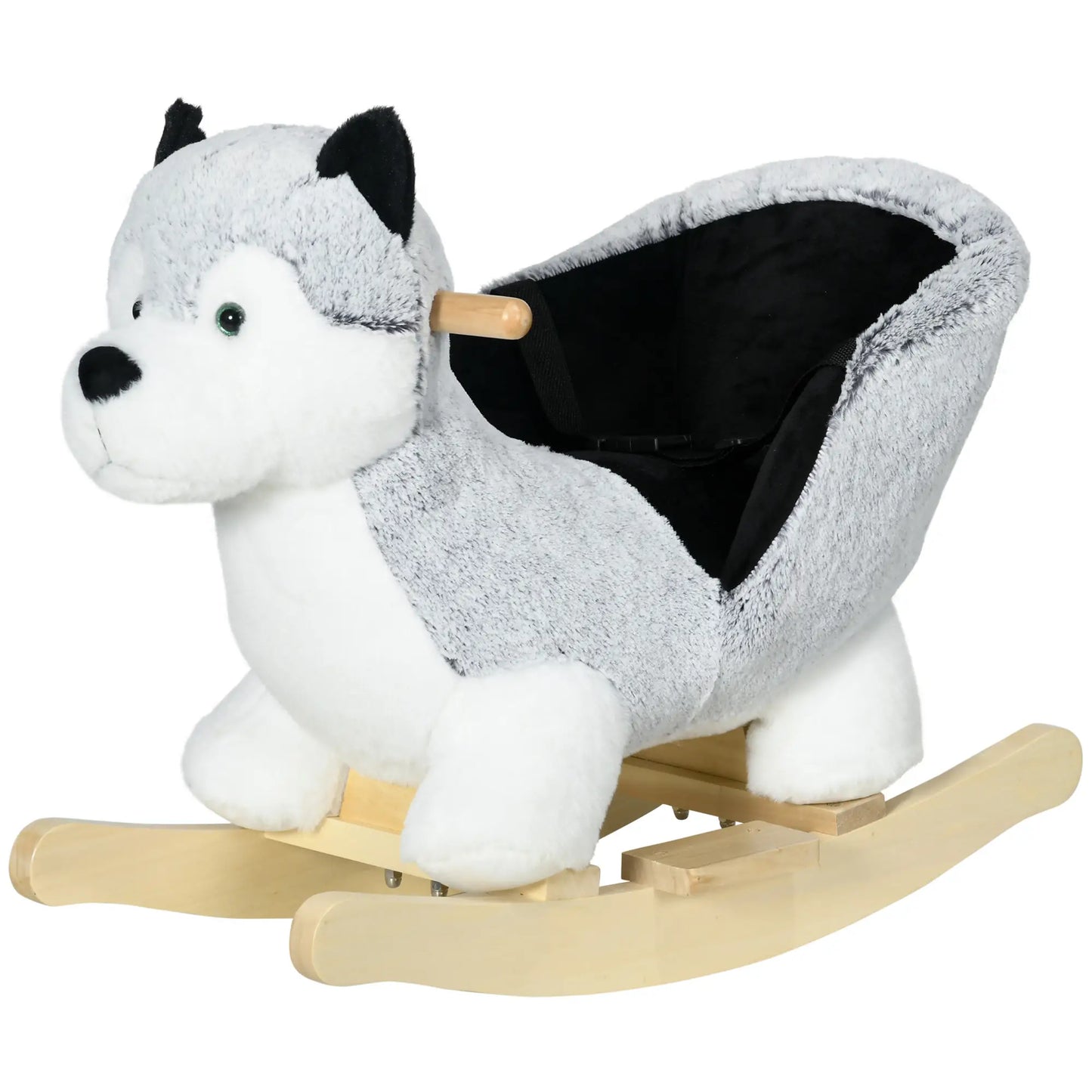 Kids Rocking Horse, Husky Plush Ride on Toy, Wooden Base, Seat Belt, 18-36 Months, Grey Rocking Horses Grey, Black at Gallery Canada