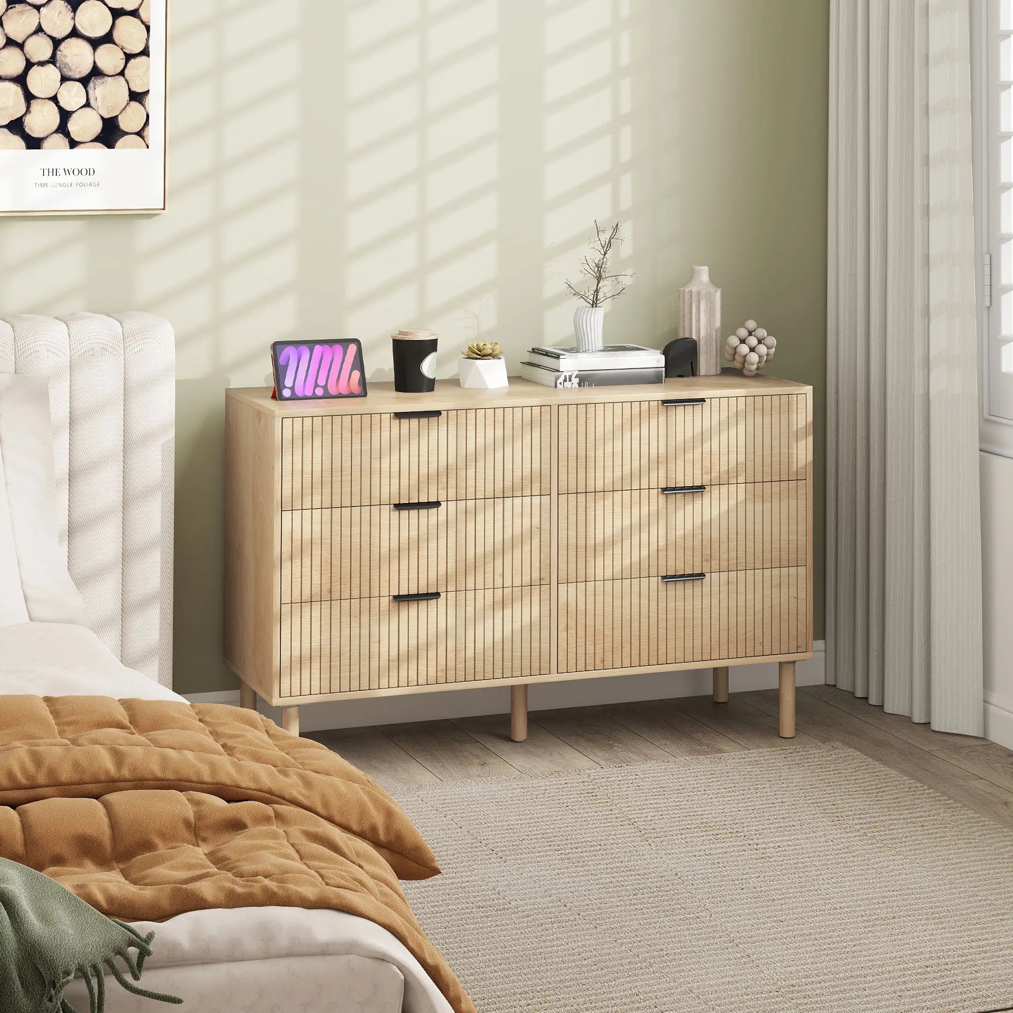 6 Drawer Dresser, Fluted Panels, Solid Wood Legs, Oak Storage Cabinets at Gallery Canada