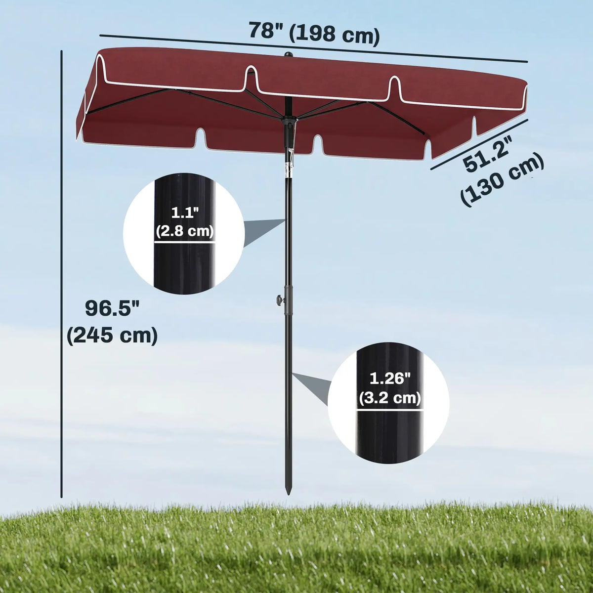 6.5x4ft Rectangle Patio Umbrella, Tilt Adjustable, Wine Red Sun Umbrellas at Gallery Canada
