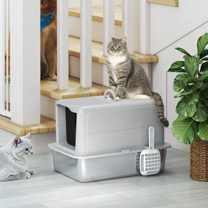 Stainless Steel Cat Litter Box, Removable Lid & Scoop, Grey Cat Litter Box Enclosures at Gallery Canada