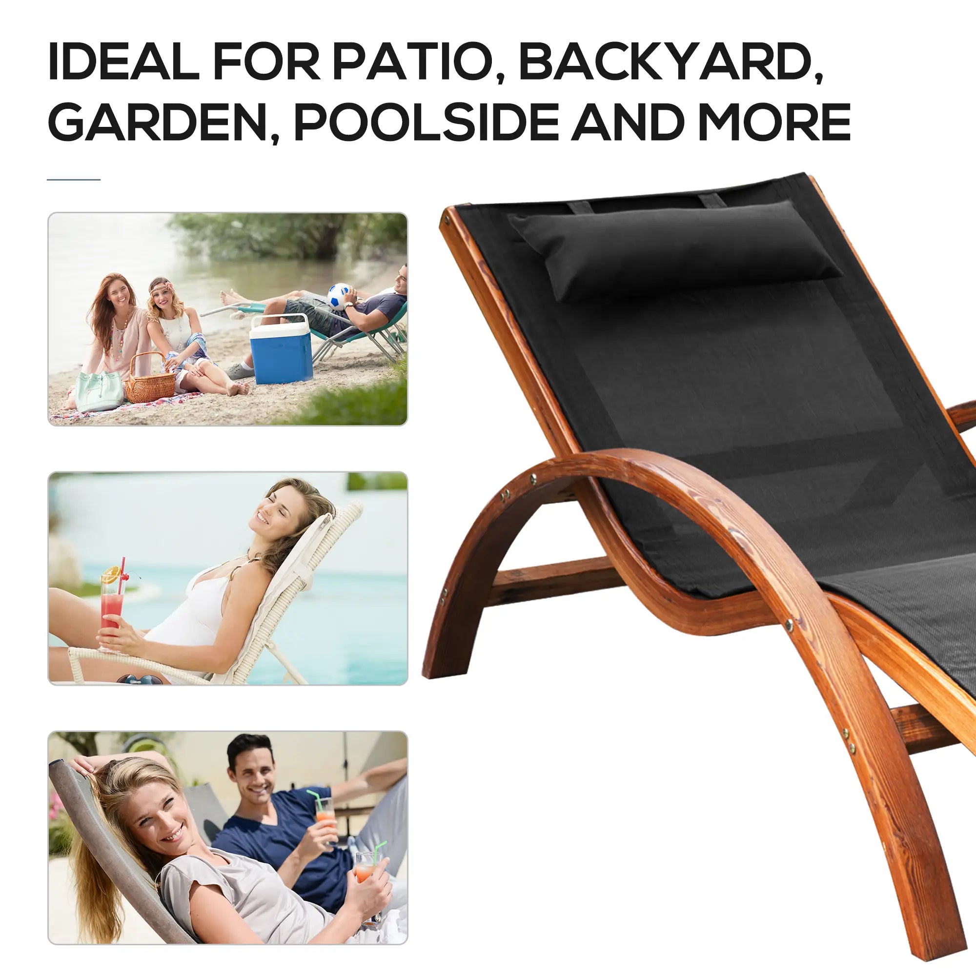 Wood Chaise Lounge Chair Recliner, Outdoor Patio Camping, Teak Black, Black Lounger Chairs at Gallery Canada