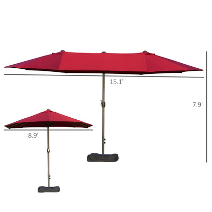15' Outdoor Patio Umbrella, Twin Canopy Sunshade, Lift Crank, Wine Red Sun Umbrellas at Gallery Canada