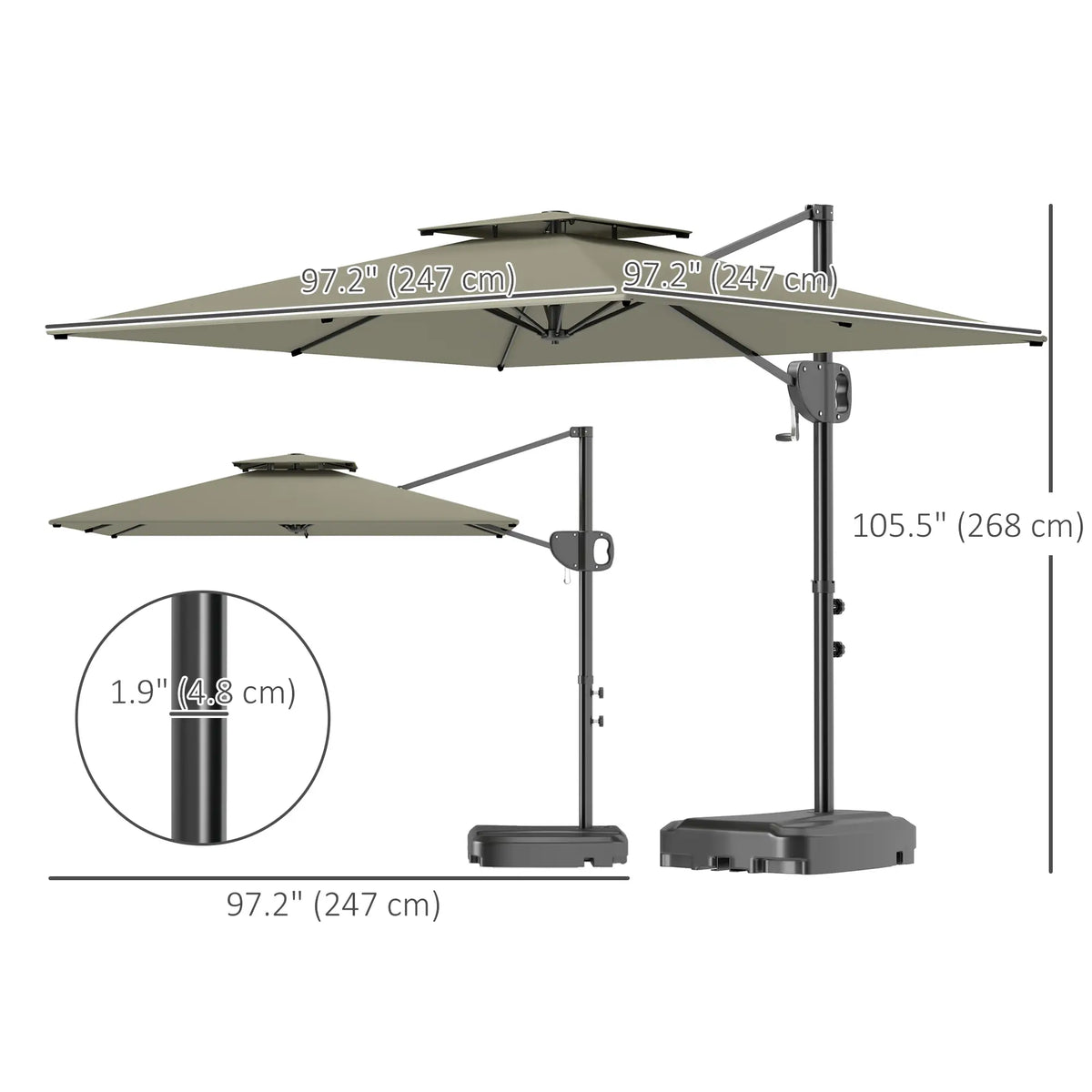 Square Cantilever Patio Umbrella, Double Top Offset, 8' x 9', Light Grey Offset Cantilever Umbrellas at Gallery Canada