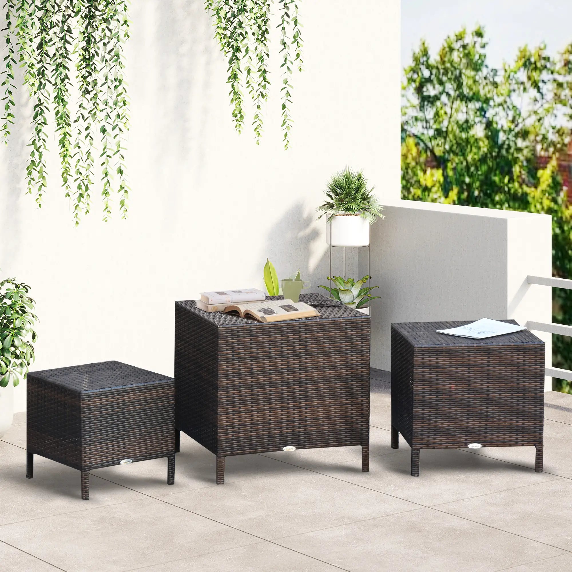 Set Of 3 Wicker Nesting Tables Outdoor Garden, Brown Bistro Sets at Gallery Canada