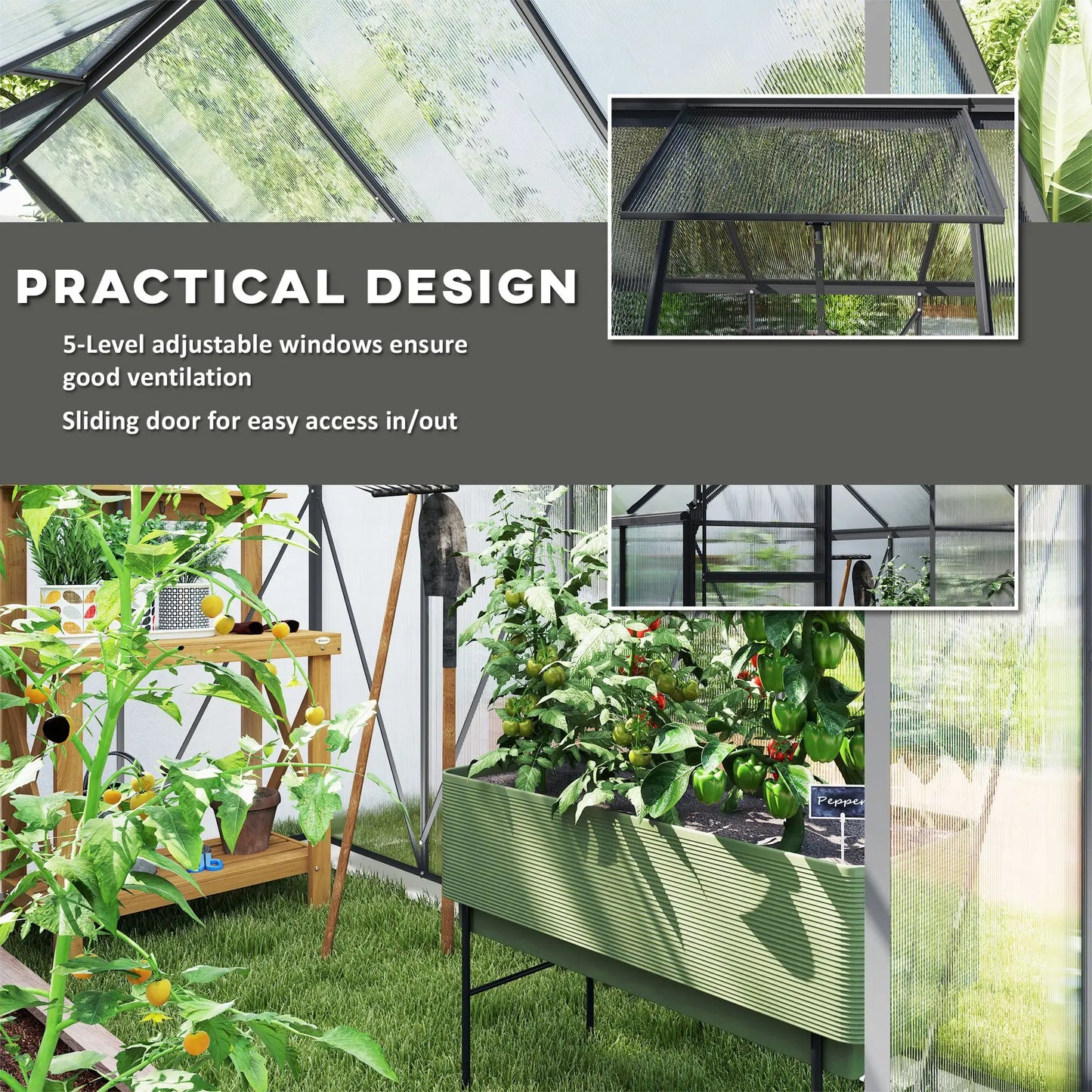 6' x 8' x 6.5' Polycarbonate Greenhouse, Walk-in, Adjustable Roof Vent, Charcoal Grey Walk In Greenhouses at Gallery Canada