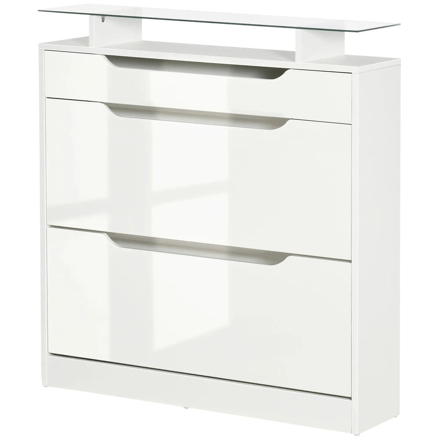 High Gloss Shoe Cabinet, 2 Flip Drawers, Adjustable Shelves, Glass Top, White Shoe Storage Cabinets & Racks High Gloss White at Gallery Canada
