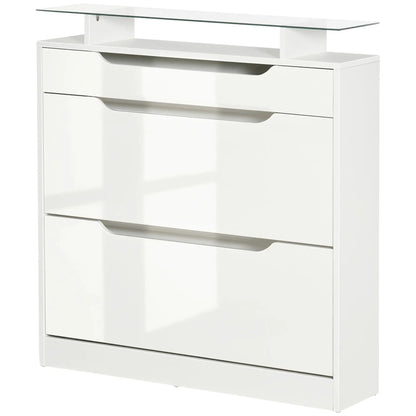 High Gloss Shoe Cabinet, 2 Flip Drawers, Adjustable Shelves, Glass Top, White Shoe Storage Cabinets & Racks High Gloss White at Gallery Canada