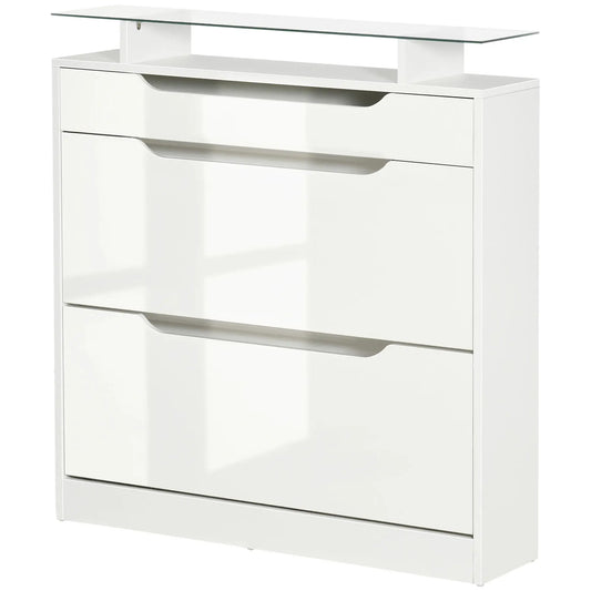 High Gloss Shoe Cabinet, 2 Flip Drawers, Adjustable Shelves, Glass Top, White Shoe Storage Cabinets & Racks High Gloss White at Gallery Canada