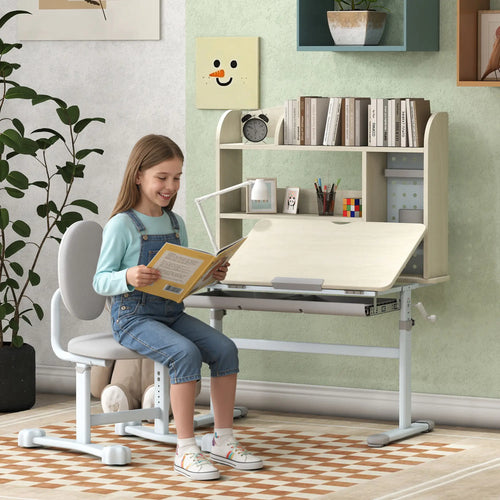 Kids Desk Chair Set, Adjustable Height, Tilting Desktop, Drawer Shelves, Grey