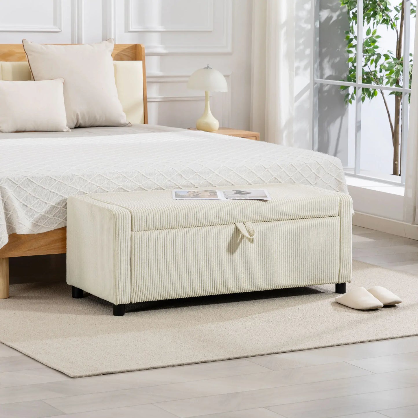Storage Ottoman, Upholstered Corduroy Bench, Beige Storage Ottomans & Benches at Gallery Canada