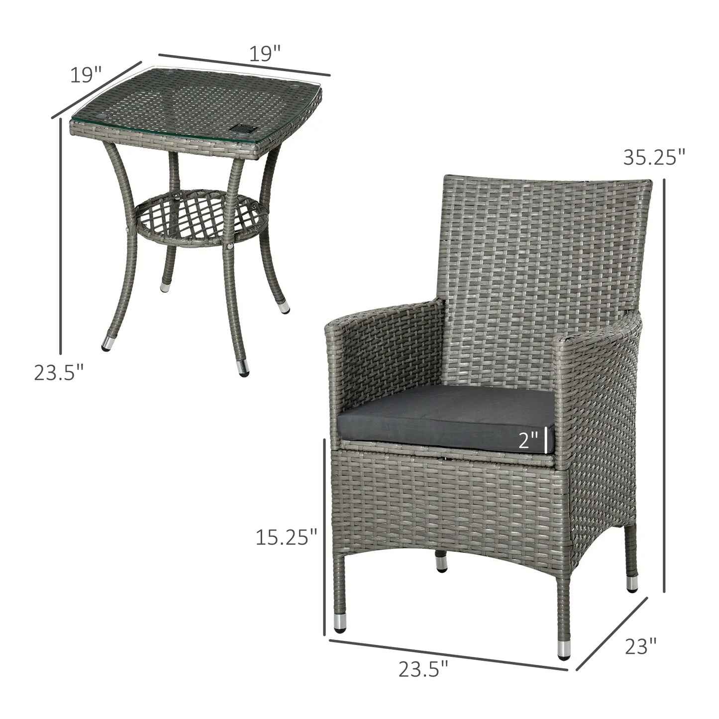 3-Piece Wicker Patio Set, Rattan Bistro with Glass Table, Grey Bistro Sets at Gallery Canada