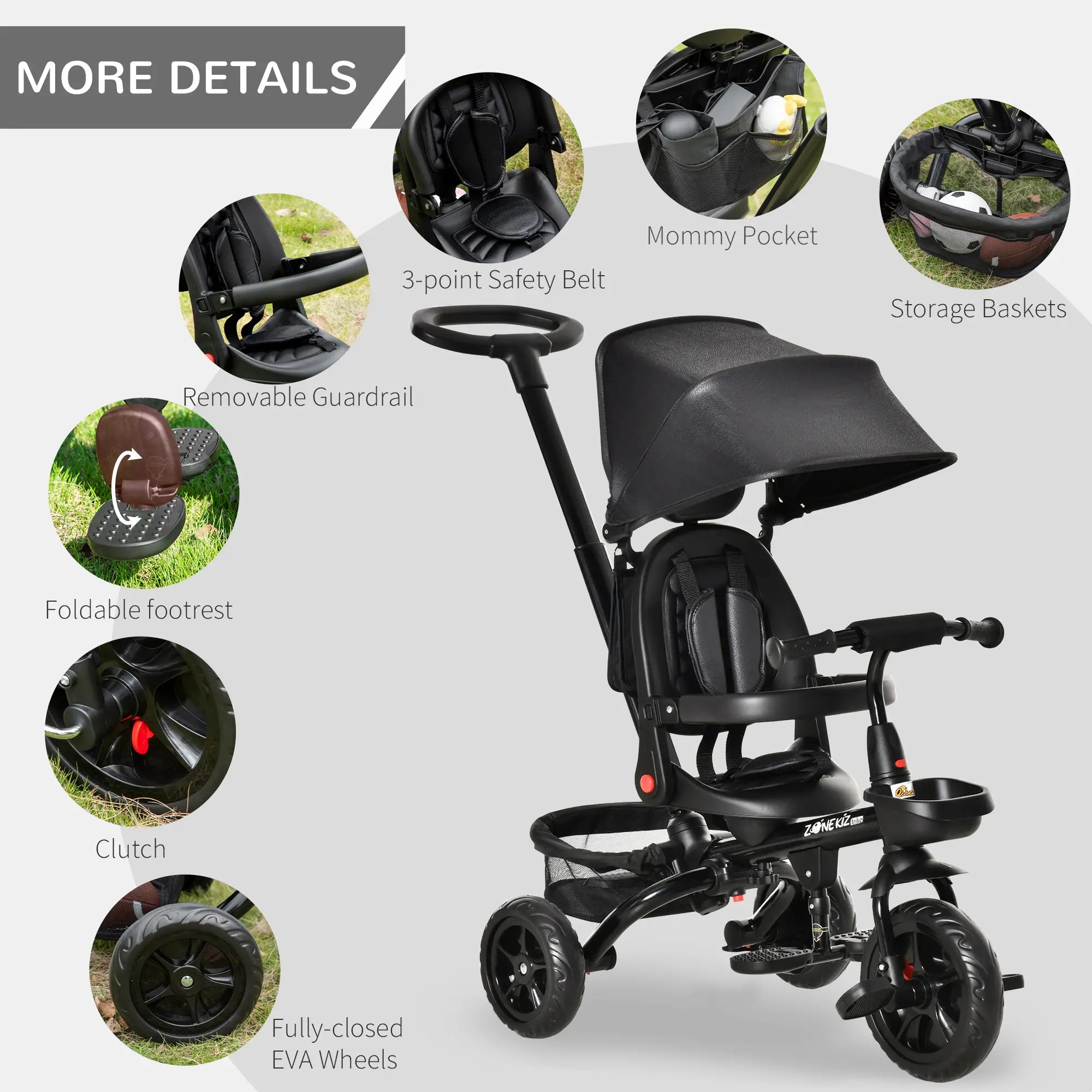 Toddler Tricycle, 4 in 1 Kids Trike, Adjustable Seat, Removable Handle, Black Tricycles for Kids at Gallery Canada