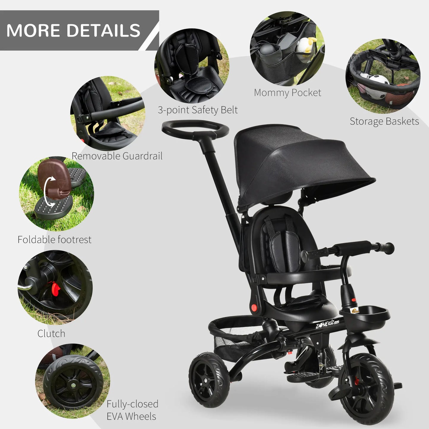 Toddler Tricycle, 4 in 1 Kids Trike, Adjustable Seat, Removable Handle, Black Tricycles for Kids at Gallery Canada
