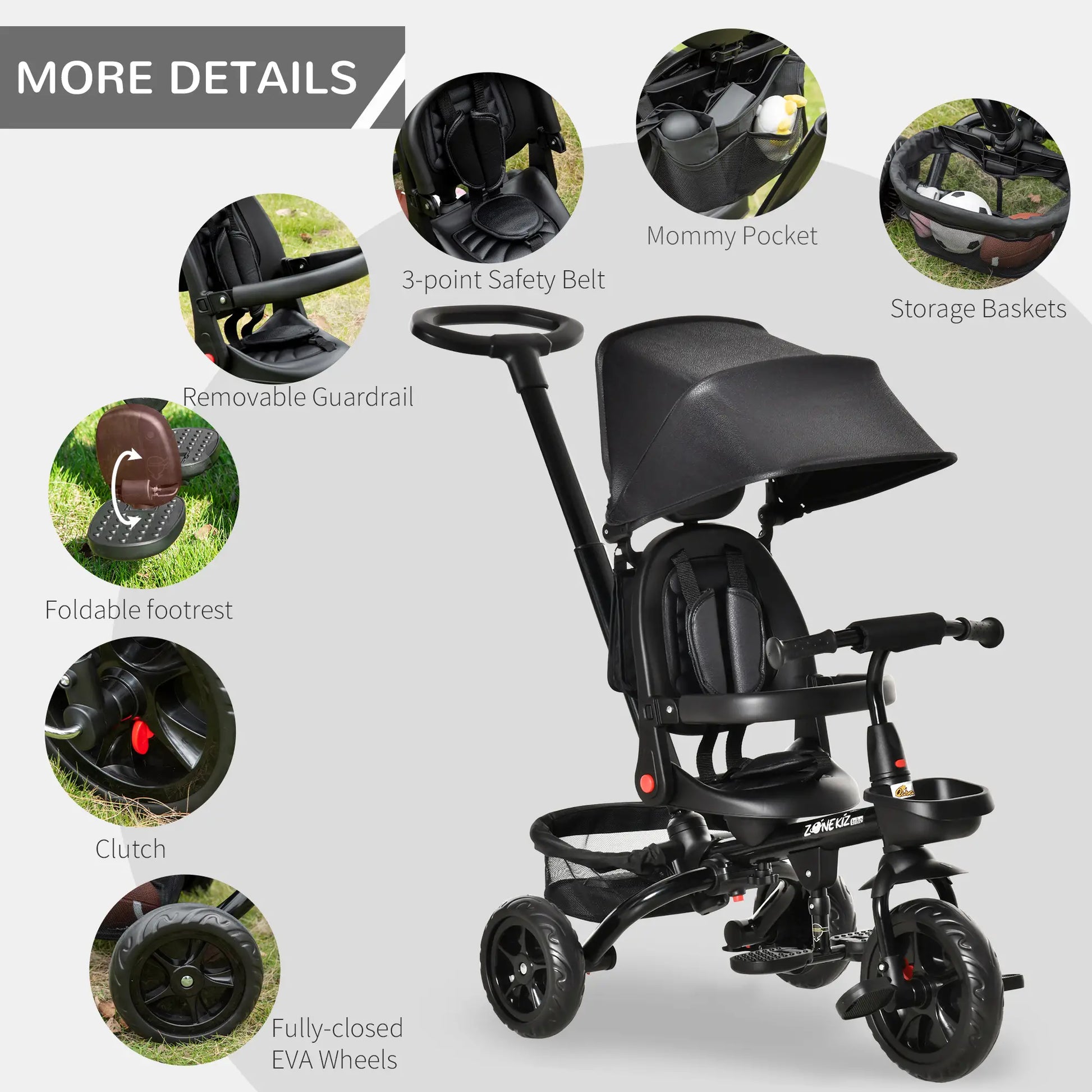 Toddler Tricycle, 4 in 1 Kids Trike, Adjustable Seat, Removable Handle, Black Tricycles for Kids at Gallery Canada
