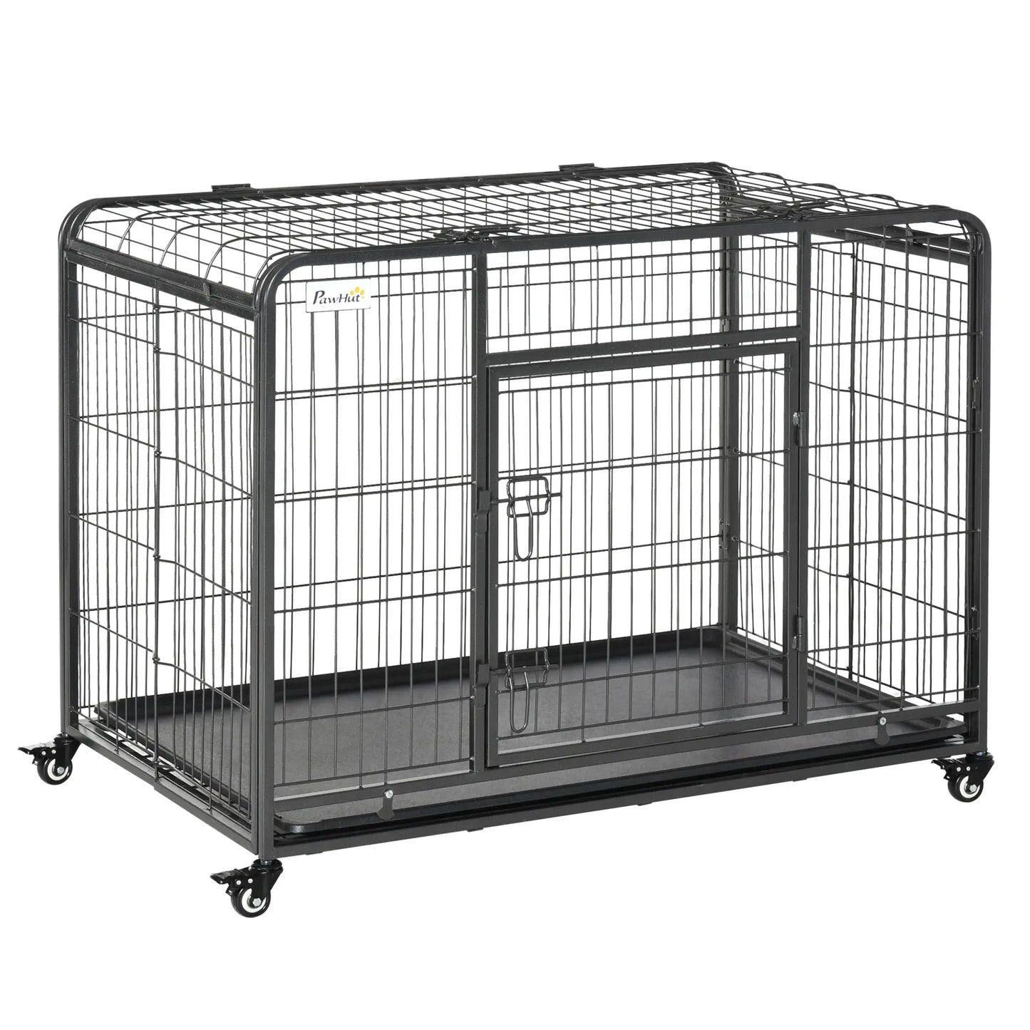 Heavy Duty Folding Dog Crate, Large Size 43" x 28" x 31", Double Doors, Lockable Wheels Tray Houses, Kennels & Pens Dark Grey at Gallery Canada