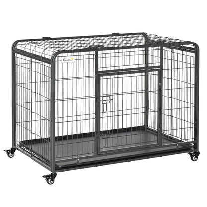 Heavy Duty Folding Dog Crate, Large Size 43" x 28" x 31", Double Doors, Lockable Wheels Tray Houses, Kennels & Pens Dark Grey at Gallery Canada