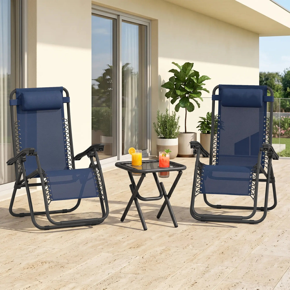 Ensemble de 2 chaises Zero Gravity, Chaise de patio avec table latérale, Bleu