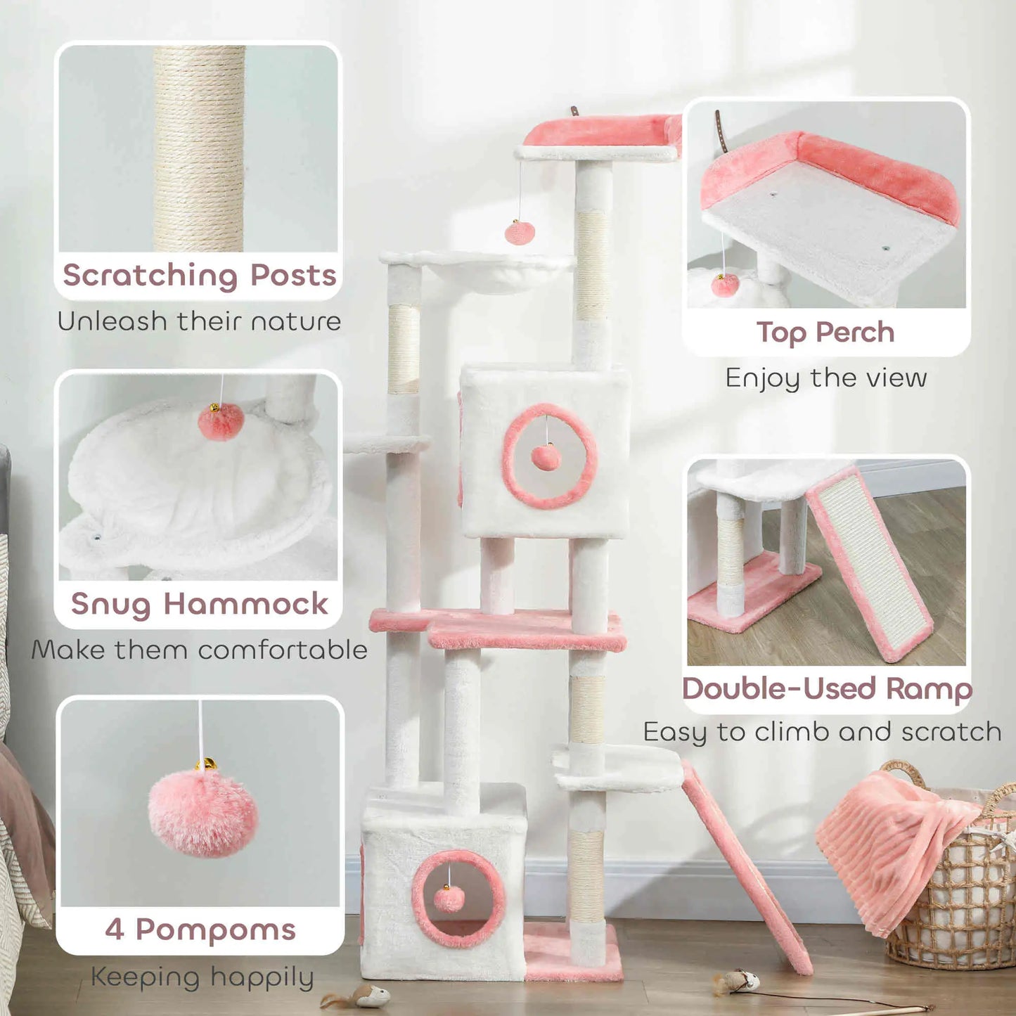 65 Inch Cat Tree, 2 Condos, Perch, Hammock, Scratching Posts, White Cat Towers at Gallery Canada