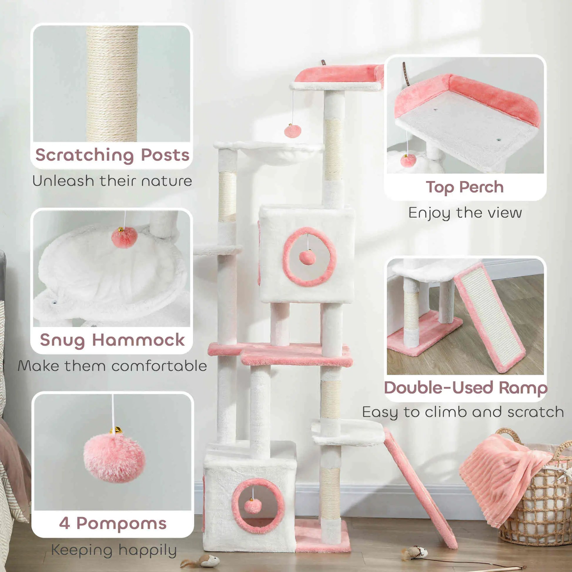 65 Inch Cat Tree, 2 Condos, Perch, Hammock, Scratching Posts, White Cat Towers at Gallery Canada