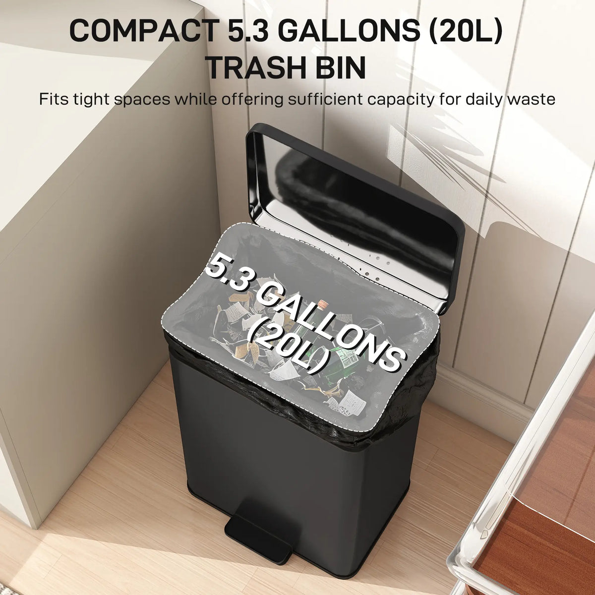 5.3 Gallon Garbage Bin with Soft Close Lid, Removable Inner Bucket, Matte Black Small Kitchen Appliances at Gallery Canada