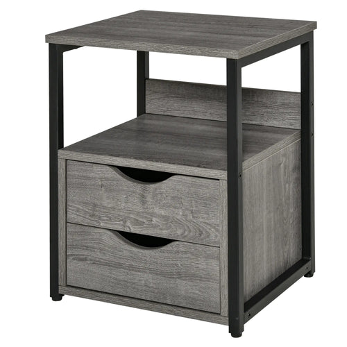 Industrial Nightstand, 2 Drawers with Storage Shelf, Grey