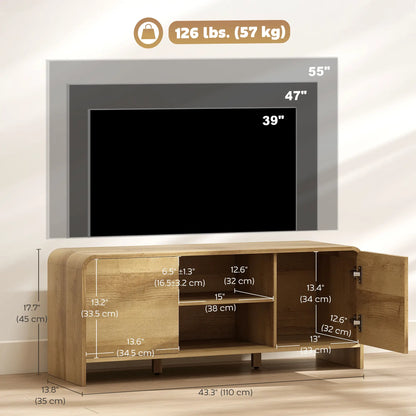 TV Stand For 55 Inch TV, Natural Wood Entertainment Center With 2 Cabinets