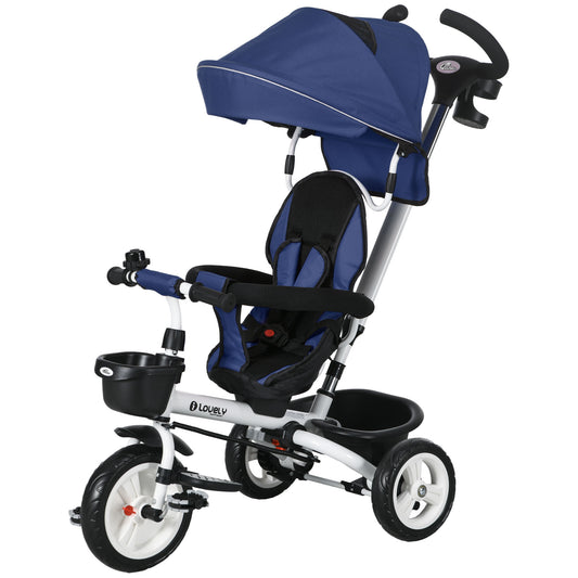 6 in 1 Toddler Tricycle with Parent Push Handle, Canopy, Storage Baskets, Cupholder, Dark Blue - Gallery Canada