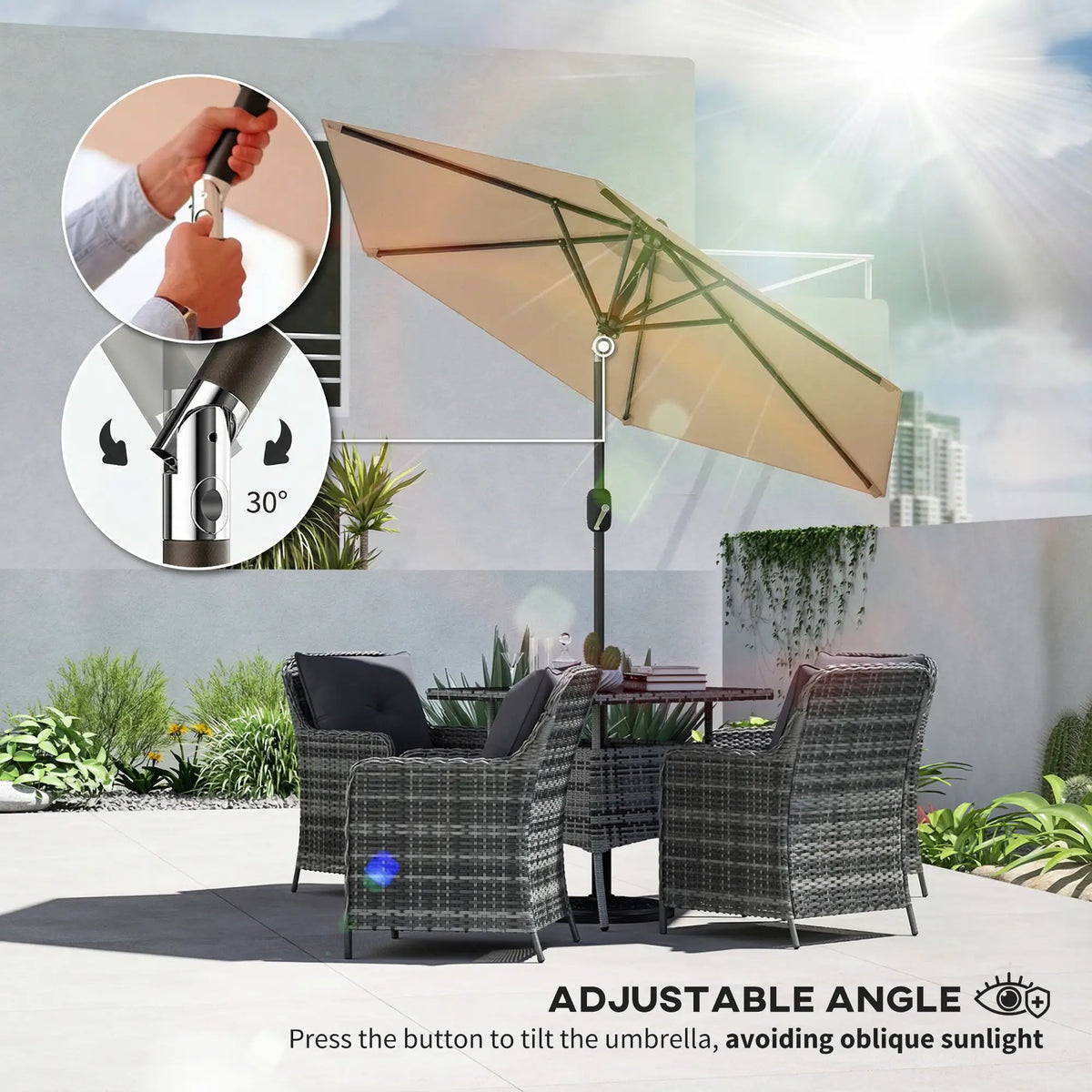 Patio Sun Umbrella, Outdoor Parasol, 6 Ribs, Coffee
