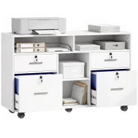 File Cabinet, Locking Drawers, Open Shelves, 5 Casters, White
