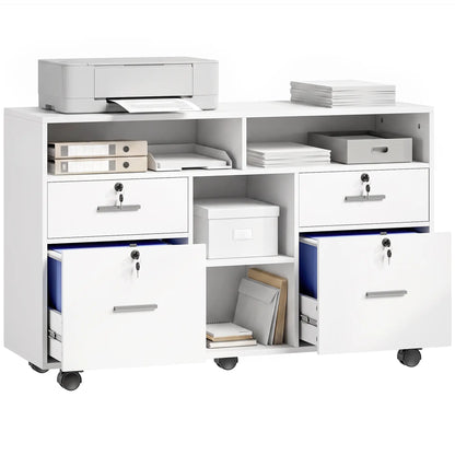 File Cabinet, Locking Drawers, Open Shelves, 5 Casters, White