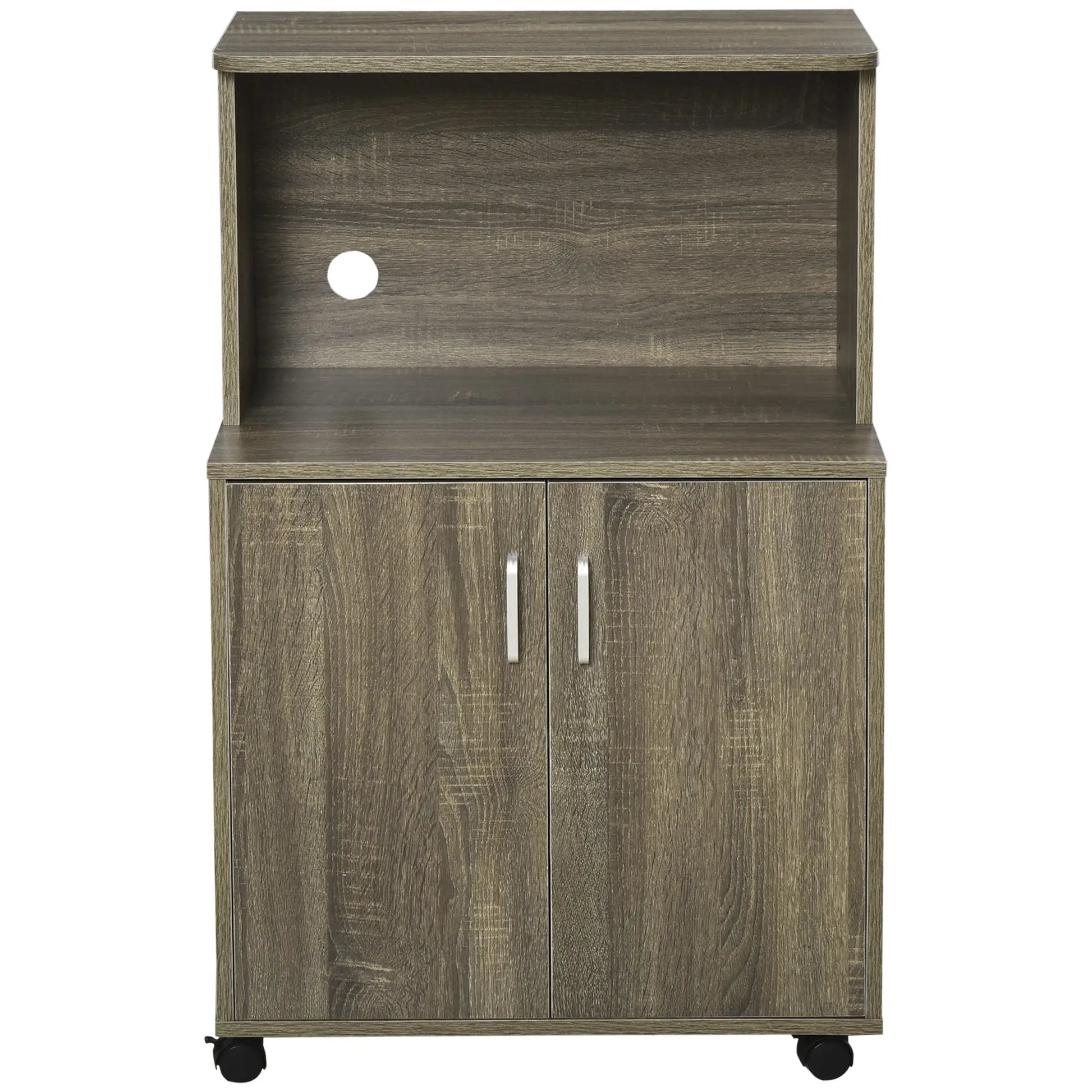 Microwave Cart on Wheels, 2-Door Cabinet, Grey Wood Grain, Grey Kitchen Pantry Cabinets at Gallery Canada