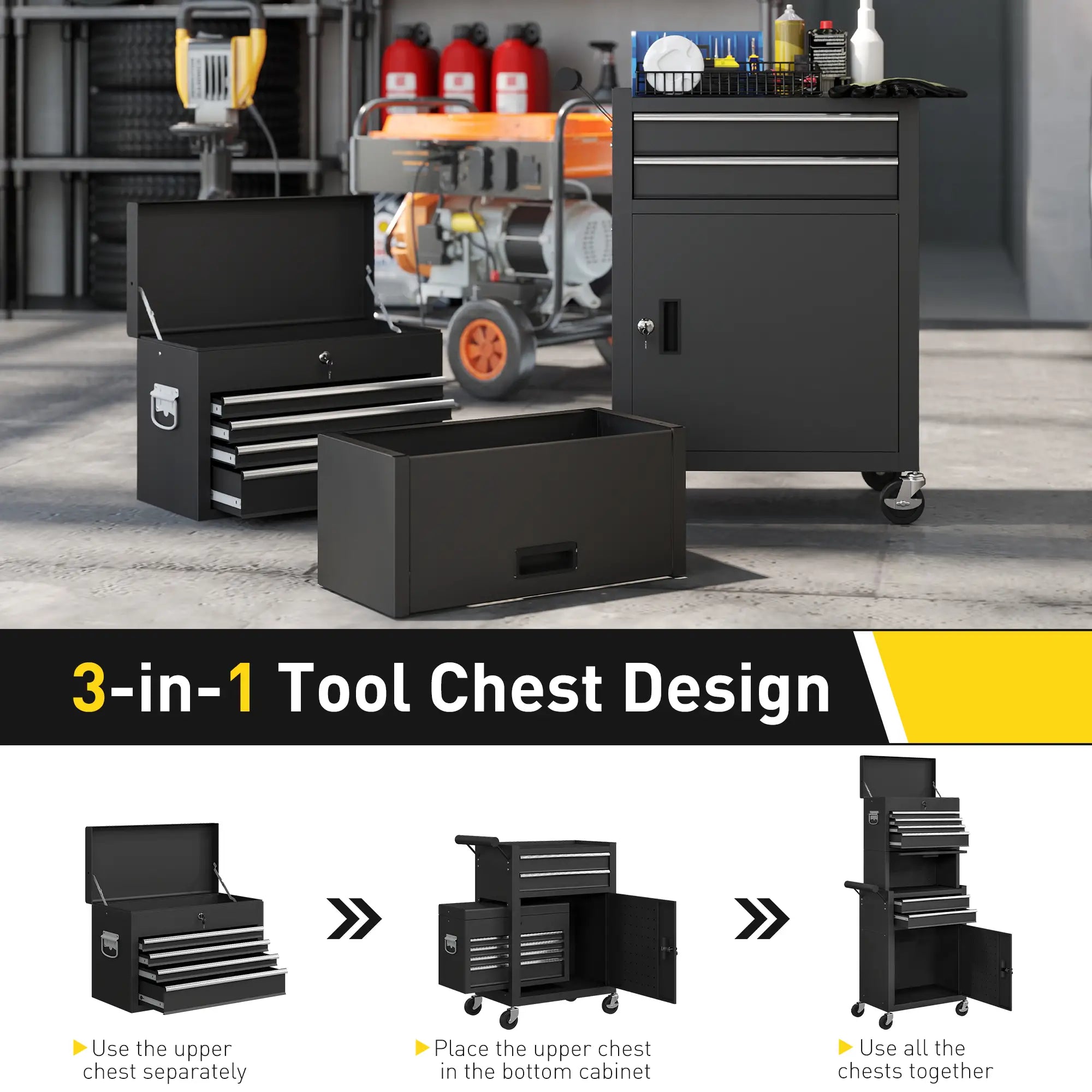 Large Tool Cabinet, 3-in-1 Rolling Chest, Detachable Storage with 6 Drawers and Pegboard, Black Tool Organizers at Gallery Canada
