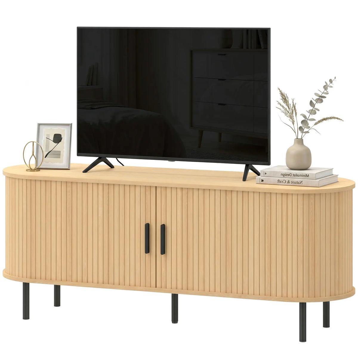 TV Stand for TVs up to 60", Modern Entertainment Center with Curved Sliding Doors, Natural Wood TV Stands Natural Wood, Black at Gallery Canada