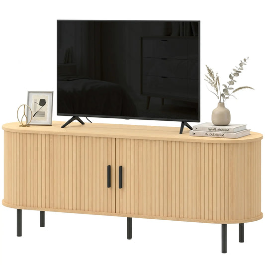 TV Stand for TVs up to 60", Modern Entertainment Center with Curved Sliding Doors, Natural Wood TV Stands Natural Wood, Black at Gallery Canada