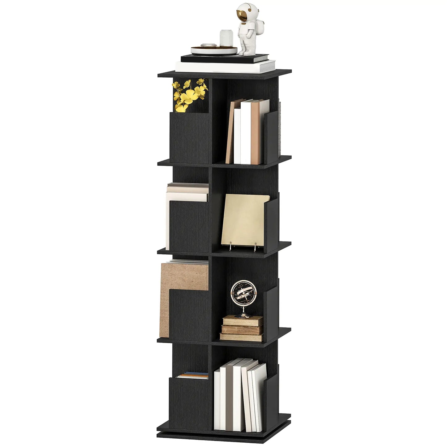 360° Rotating Bookcase, 4 Tier Bookshelf with 16 Cubbies, Black Wood Grain, Black Display Bookshelves Black Wood Grain at Gallery Canada