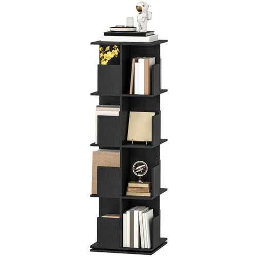 360° Rotating Bookcase, 4 Tier Bookshelf with 16 Cubbies, Black Wood Grain, Black