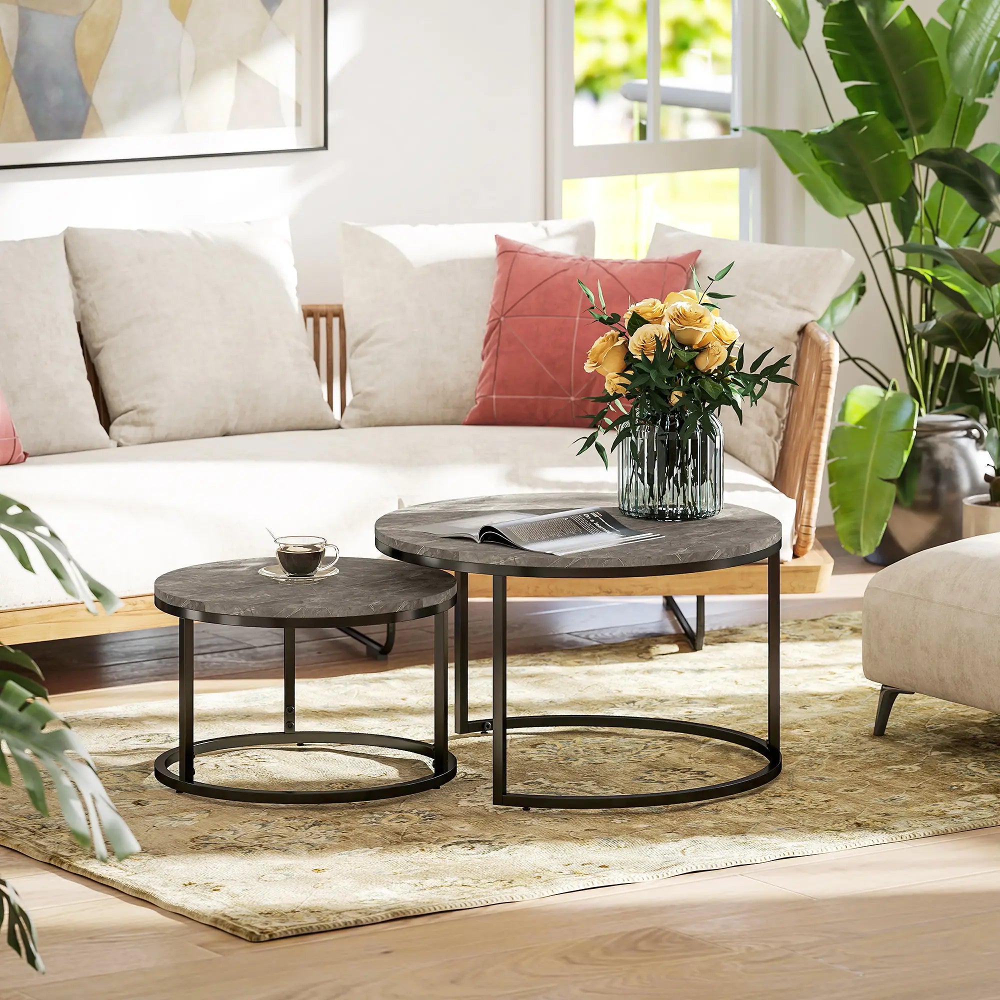 Modern Coffee Table Set of 2, Nesting Side Tables, Metal Base, Faux Marbled Grey, Grey Coffee Tables at Gallery Canada