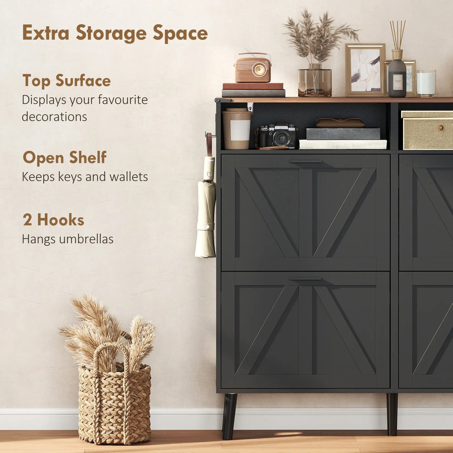 Shoe Storage Cabinet, 4 Flip Drawers, Farmhouse Narrow, Black Shoe Storage Cabinets & Racks at Gallery Canada