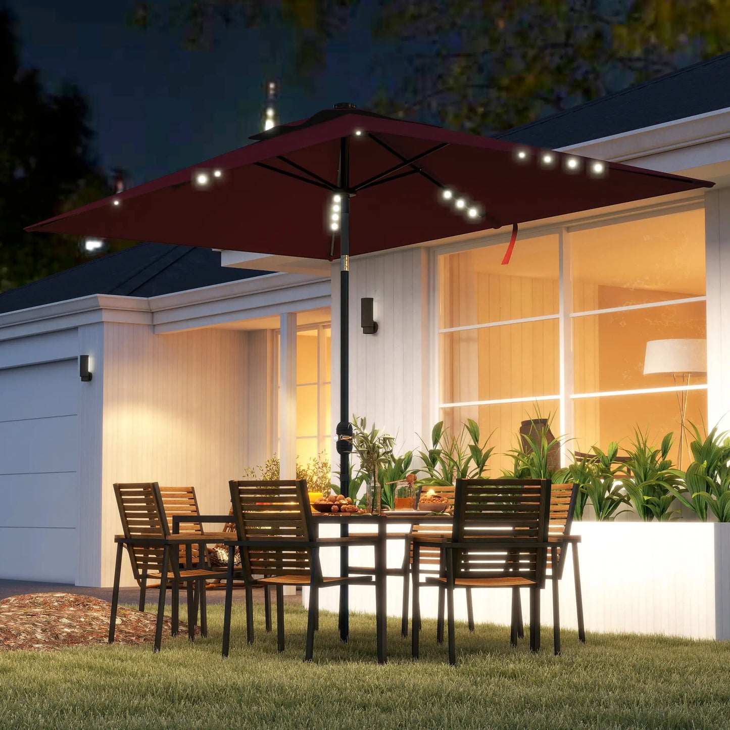 6' x 10' Rectangular Patio Umbrella, 22 LED Solar Lights, Tilt, Crank, Wine Red Sun Umbrellas at Gallery Canada