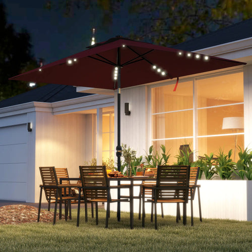 6' x 10' Rectangular Patio Umbrella, 22 LED Solar Lights, Tilt, Crank, Wine Red