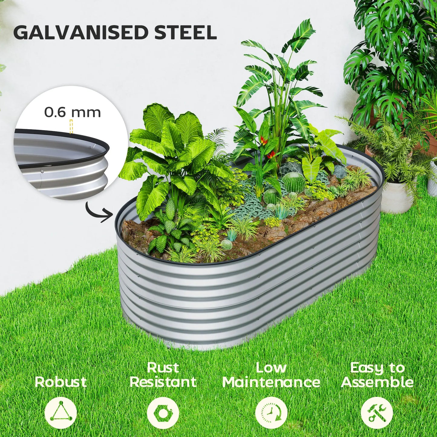 Galvanized Raised Garden Bed, 5 x 2.5 x 2 ft, Oval Planter Box, Silver Galvanized Planter Boxes at Gallery Canada