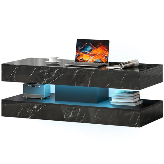 Table Basse à LED Réglable, 2 Tiroirs, Étagère Ouverte, Télécommande, Noir Haut Brillant
